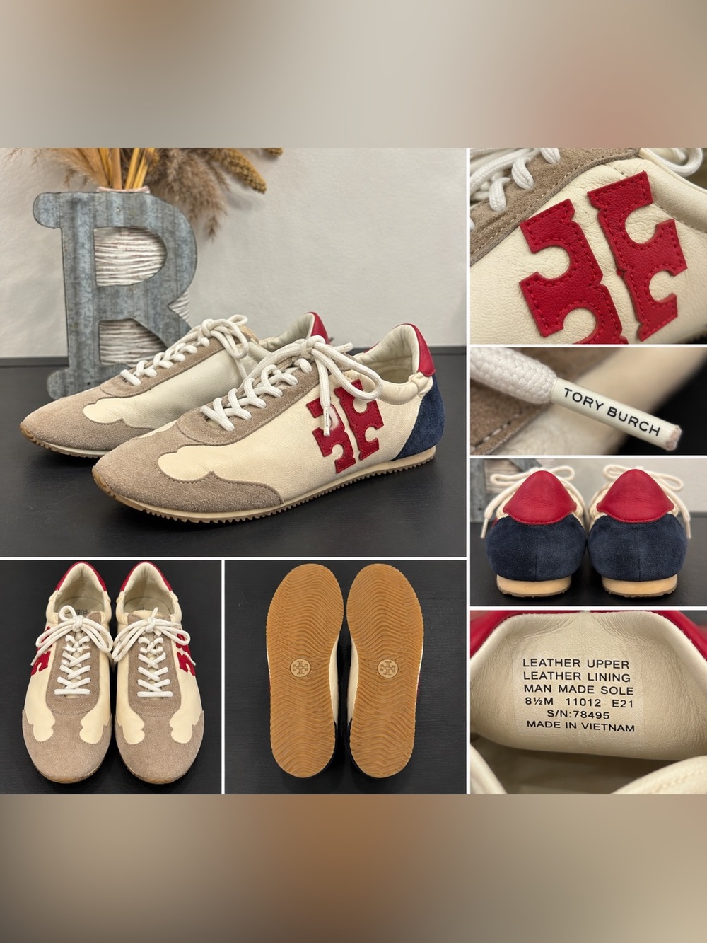 Tory Burch Retro Low Profile Cream, Beige, Navy & Red Suede-Trim Sneaker